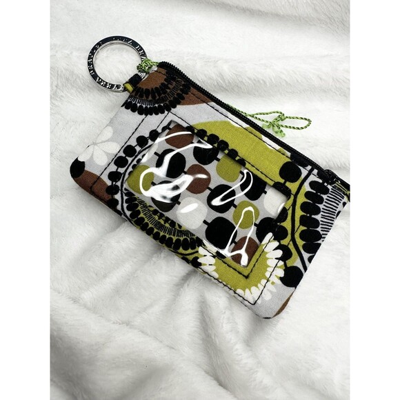 Vera Bradley Zip ID Case Wallet Womens White Key Ring Coin Purse Green Black - Picture 2 of 4